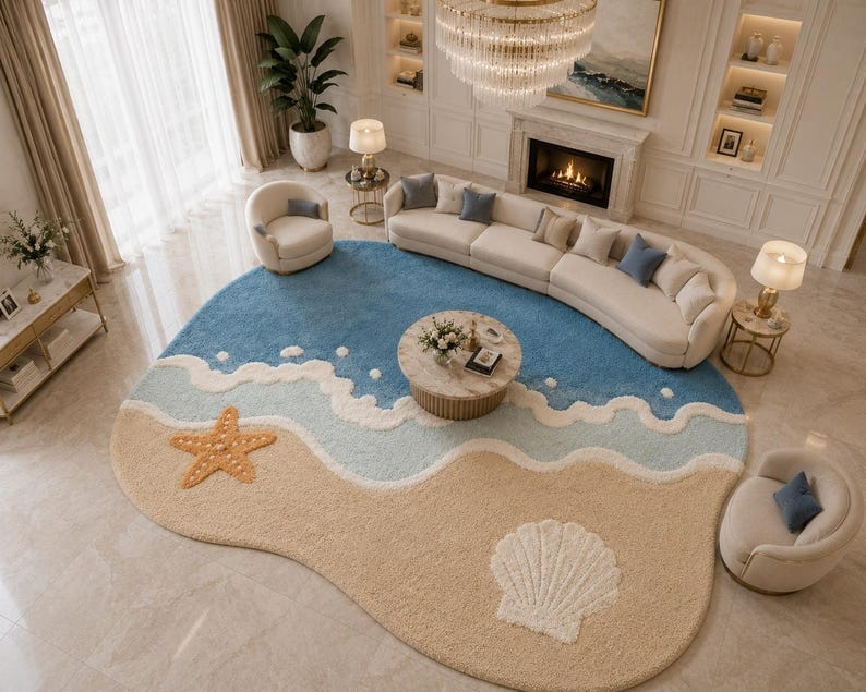 Handcrafted coastal design rug in a living room